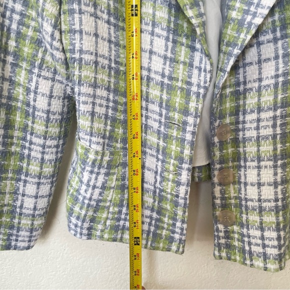 Women’s Colorful Plaid Hourglass Blazer Green Blue White w Checkered Pockets S - Picture 5 of 12